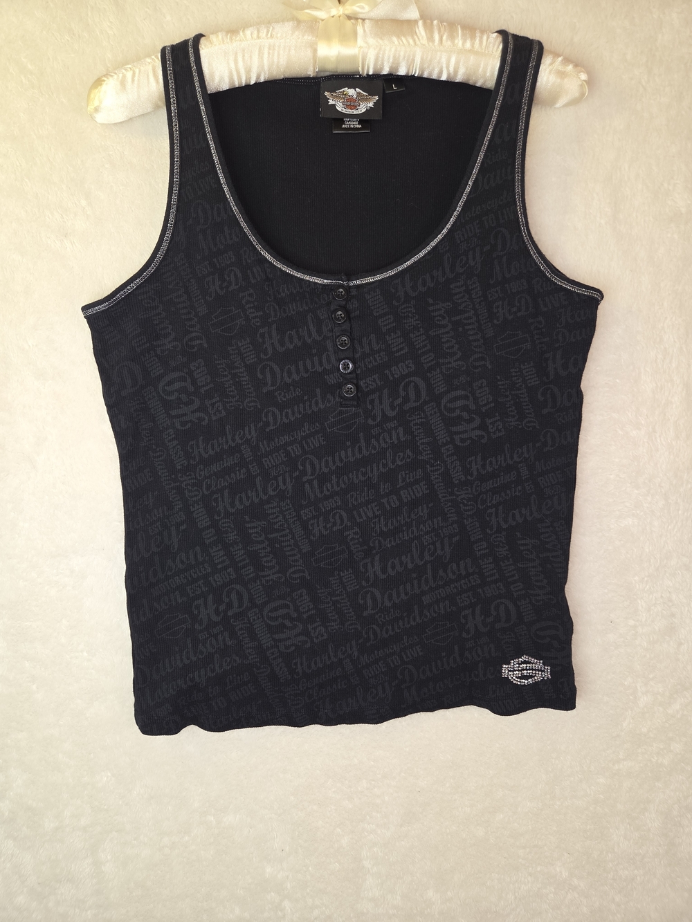 Harley Davidson Women Blk Ribbed Henley Tank Rhinestone All Over Print Logo Sz L